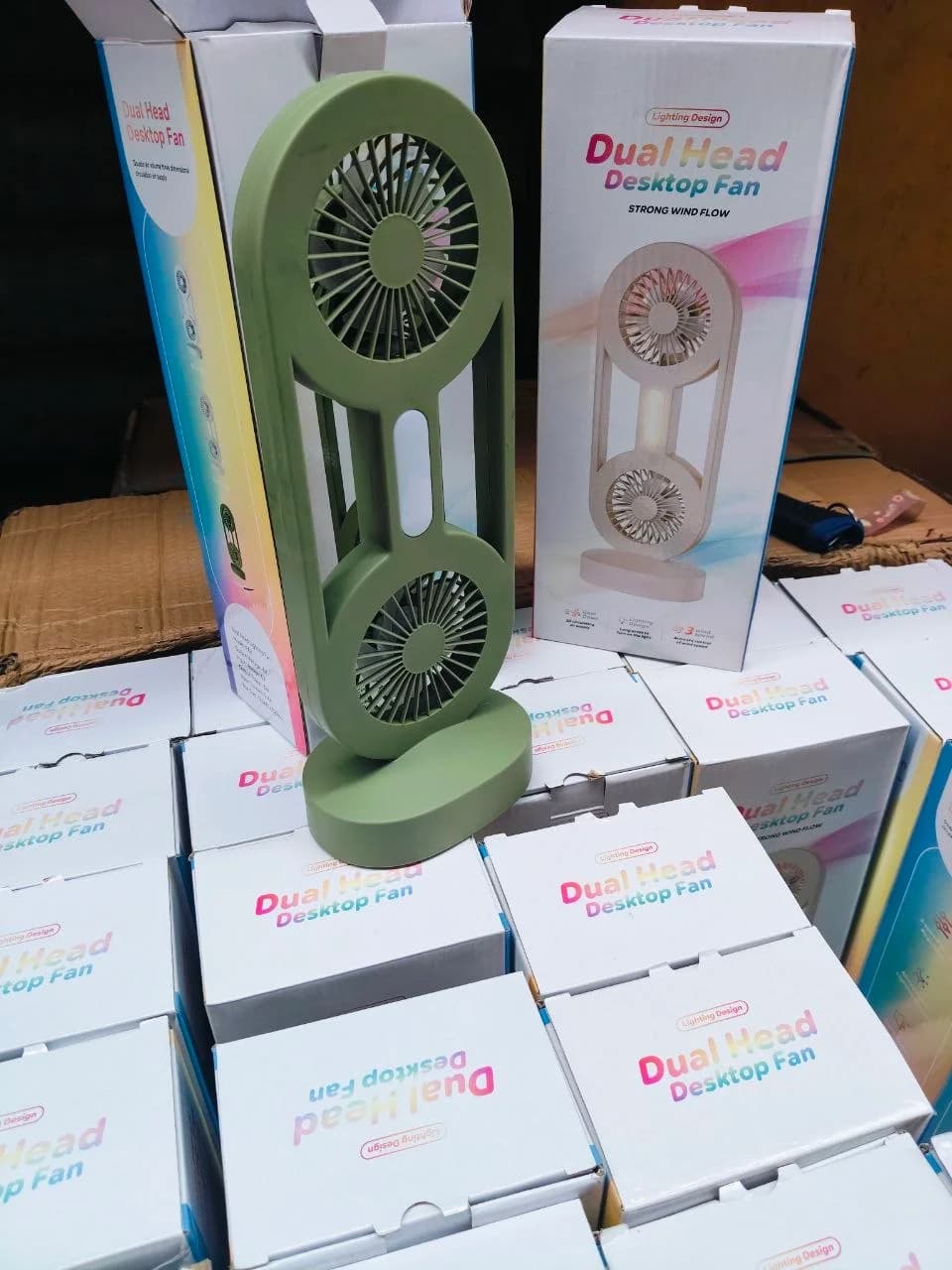 Dual head desktop rechargeable fan with light