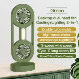 Dual head desktop rechargeable fan with light