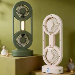 Dual head desktop rechargeable fan with light