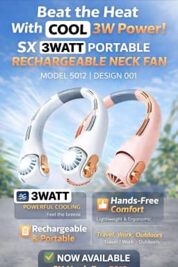 SX 3W HIGH QUALITY POTABLE RECHARGEABLE NECK FAN (MODEL 5012)