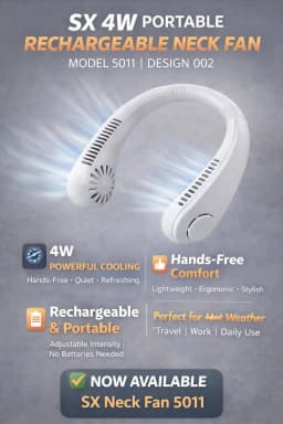 SX 4WATT HIGH QUALITY POTABLE RECHARGEABLE NECK FAN (MODEL 5011)
